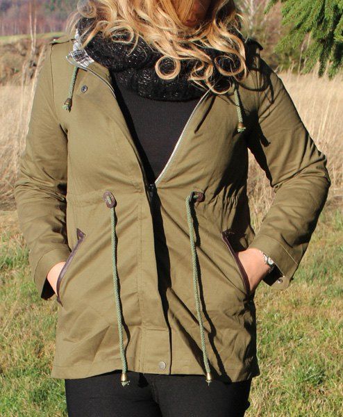 Le trench-coat élégant manches longues à capuche Spliced ​​taille Drawstring femmes - Vert Armée S