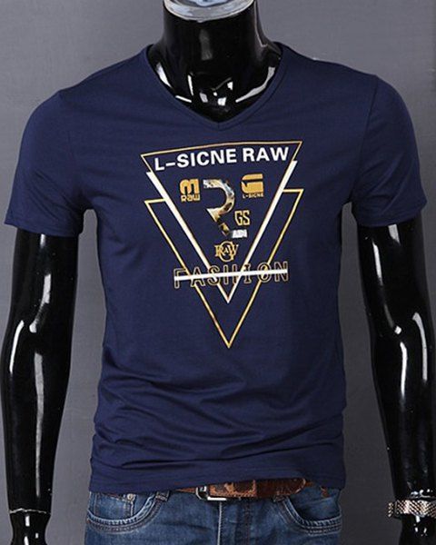 V-Neck Triangle and Letters Print Short Sleeve Men's T-Shirt - Bleu profond 3XL