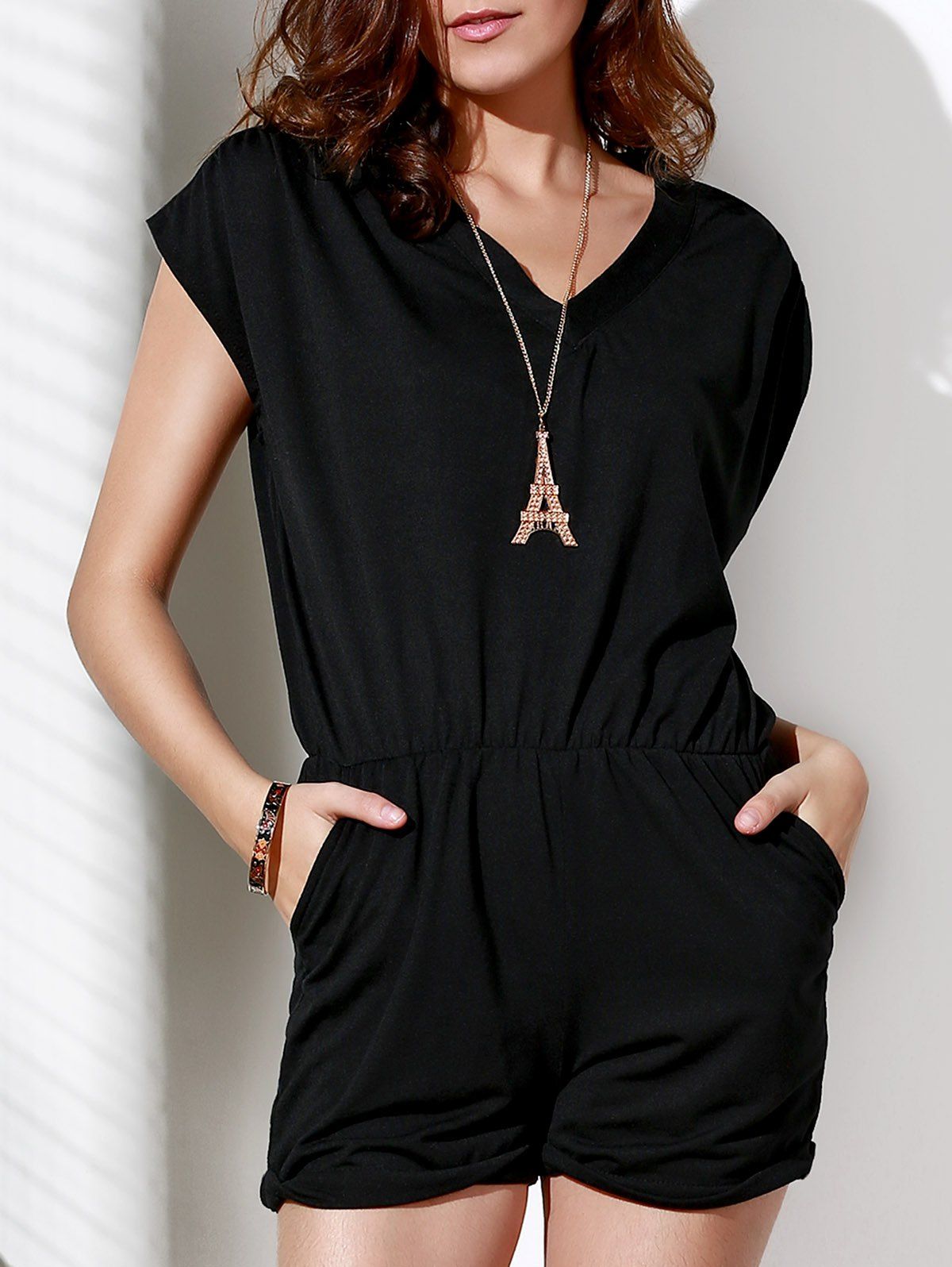 Casual Style V Neck Short Sleeve Solid Color Women's Romper - BLACK L