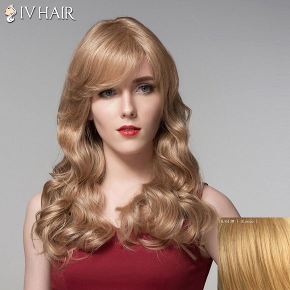 Ladylike Human Side Hair Bang longue perruque ondulée pour les femmes - Blonde 