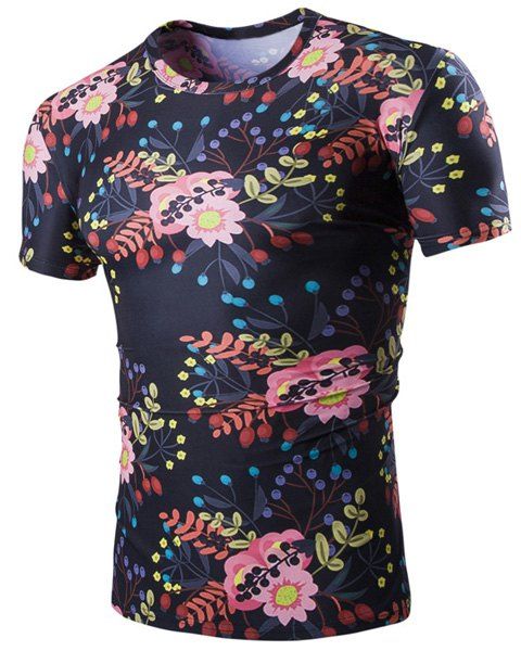 Fashion Short Sleeves Flower Print Men's Round Neck T-Shirt - multicolore XL