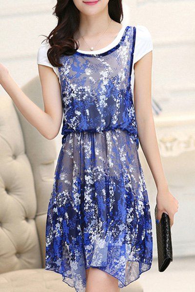 

Stylish Scoop Neck Short Sleeve Chiffon Floral Fake Twinset Dress For Women, Colormix