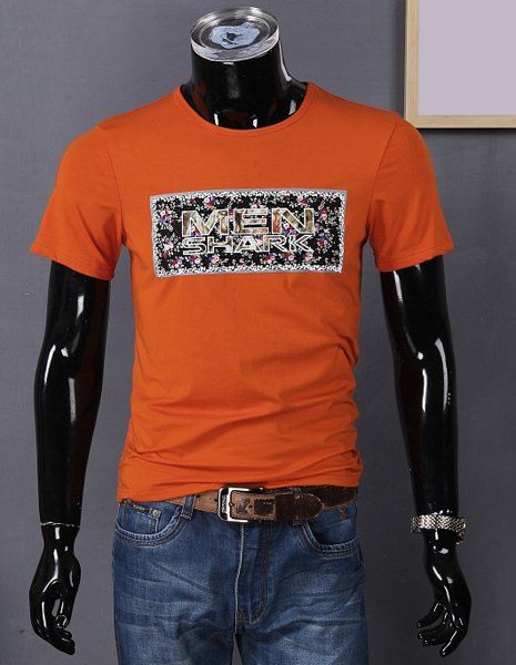 Round Neck Letters and Flower Print Short Sleeve Men's T-Shirt - Orange L