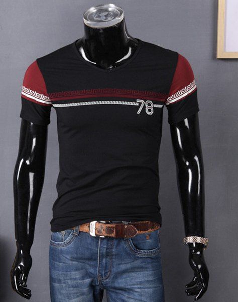 V-Neck Nombre et imprimé géométrique T-shirt Color Block épissage manches courtes hommes - Noir M