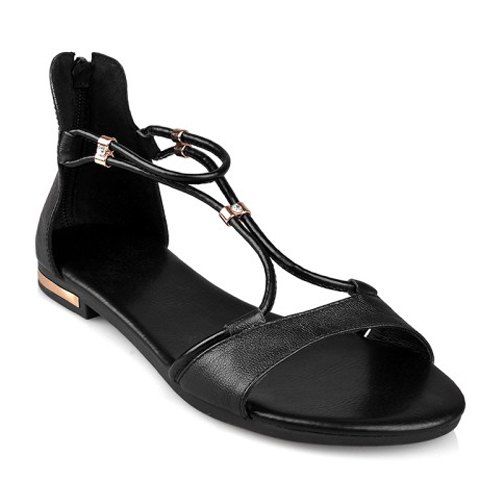 Zipper Simple et talon plat design sandales pour femmes - Noir 38
