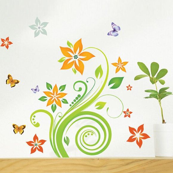 Élégant Floral rotin Papillons Motif Chambre Décoration Stickers muraux - multicolore 