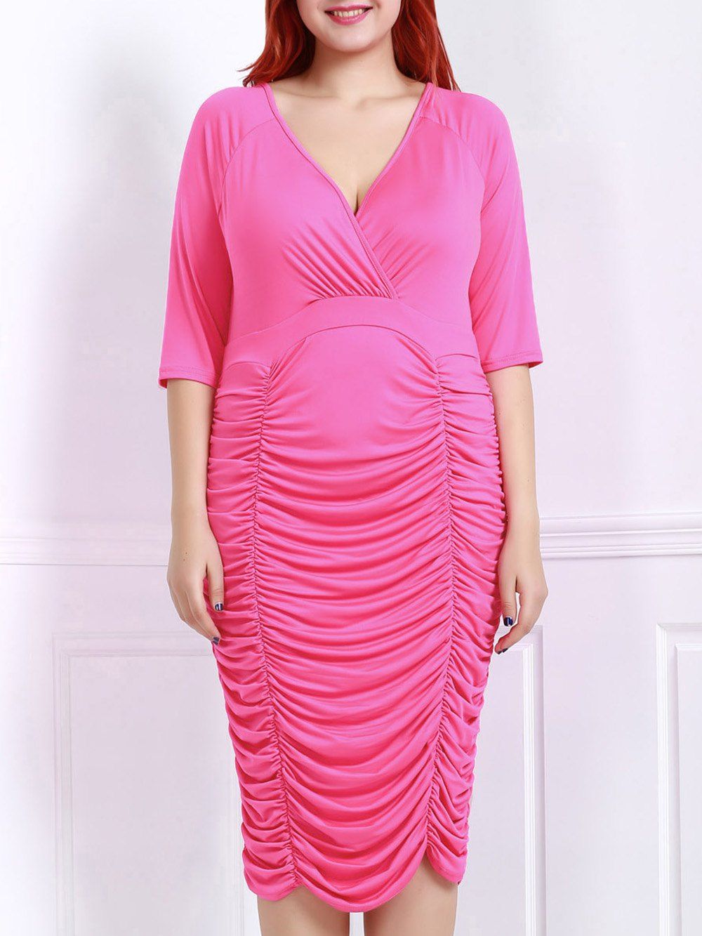 

V-Neck Half Sleeve Pleated Bodycon Midi Dress, Rose