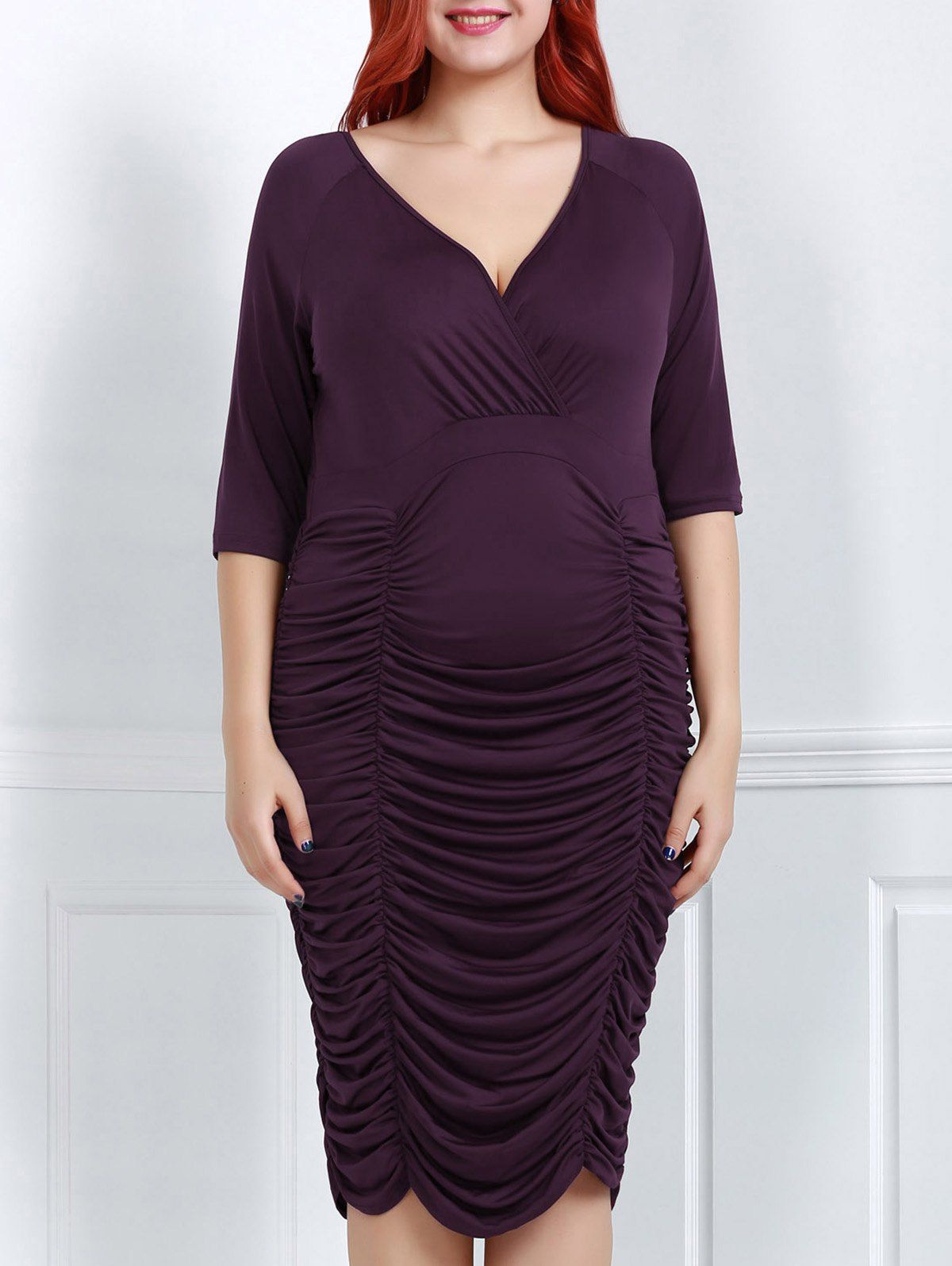 

V-Neck Half Sleeve Pleated Bodycon Midi Dress, Purple