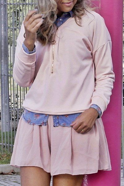 Sweat-shirt Élégant Ample Zippé à Col en V à Manches Longues Pour Femme - Rose XL
