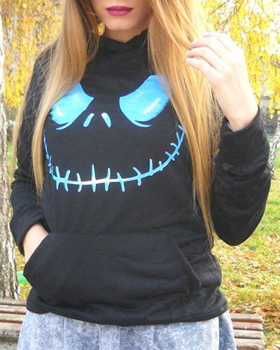 

Stylish Black Hooded Skull Printed Pullover Hoodie For Women