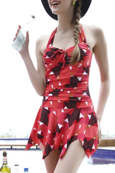 

Trendy Halter Asymmetrical Geometric Print Women's Swimwear, Red