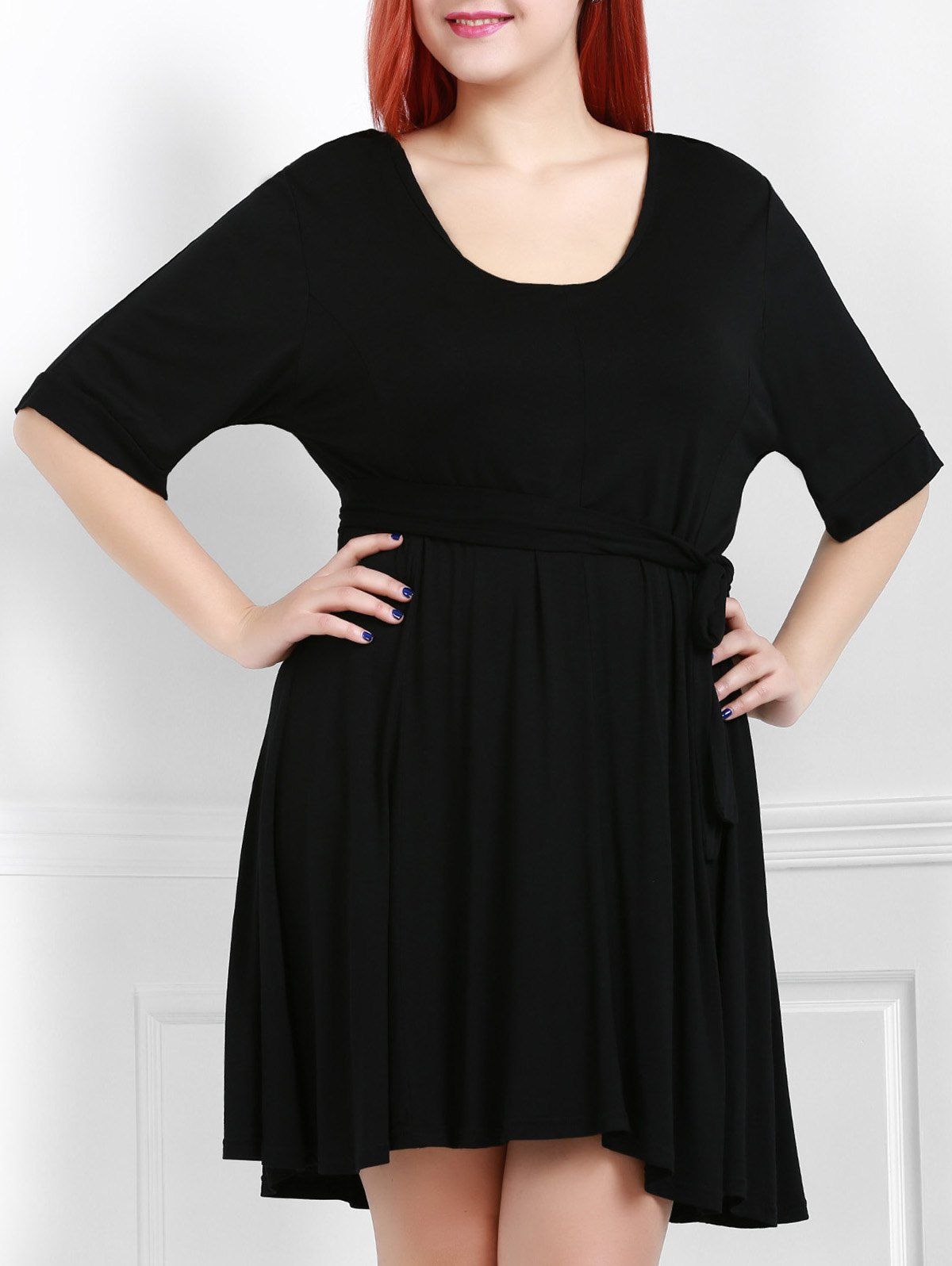

Sexy Black Plunging Neck 1/2 Sleeve Waist Tied Midi Dress For Women