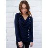 Cowl Neck Long Sleeve With Button Blouse For Women - DEEP BLUE M