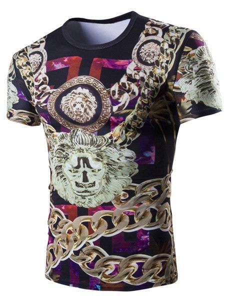 T-Shirt Casual 3D Chain imprimé manches courtes col rond Hommes - multicolore M