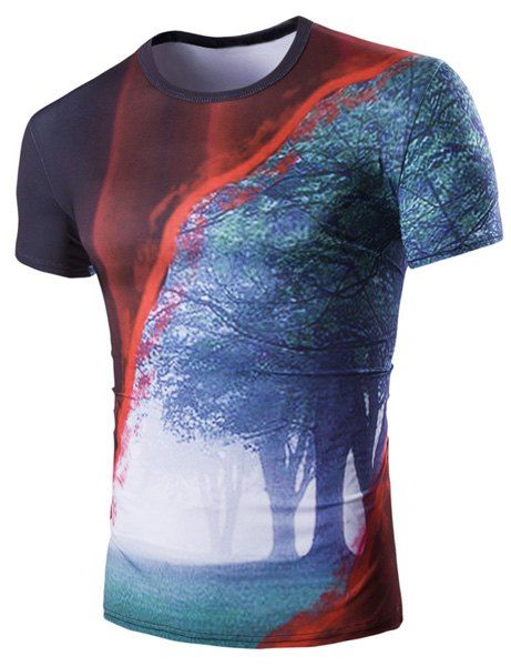Ombre de 3D Arbre d'impression manches courtes col rond T-shirt - multicolore L