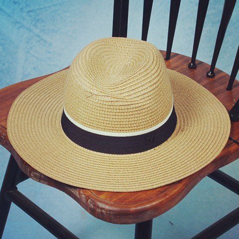 Chic Black and White Band Embellished Solid Color Women's Straw Hat - Jaune clair 