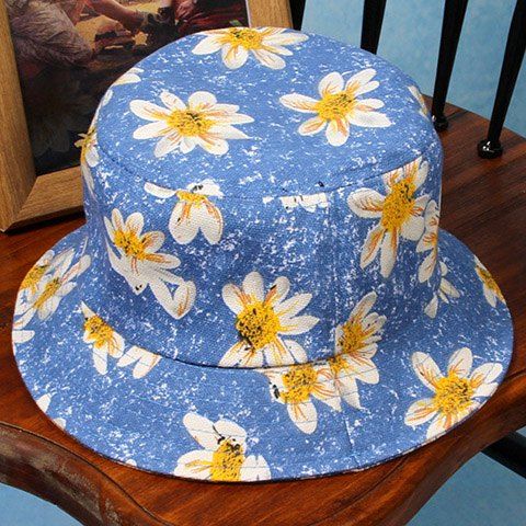 Chic Flowers Pattern Flat Top Women's Bucket Hat - Bleu clair 