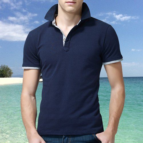 Polo Trendy Turn-Down Collar Color Block Spliced ​​manches courtes T-shirt - Bleu profond 2XL