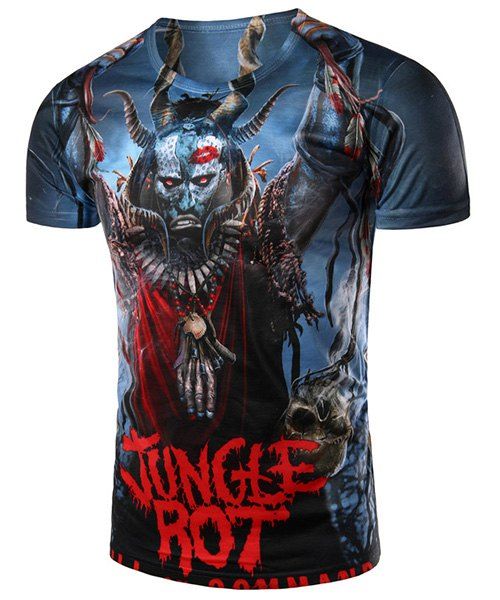 Round Neck 3D Bull Demon King Printed Short Sleeve Men's T-Shirt - multicolore L