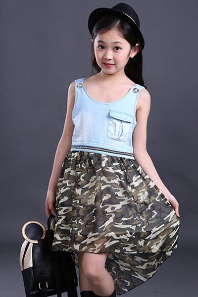 Camouflage robe couleur Cute Scoop Neck manches Haut Bas Fille - Camouflage 110