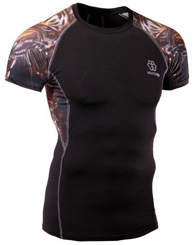 3D Tiger Print Stripes Round Neck Short Sleeves Men's Sweat Dry Tight T-Shirt - Noir M