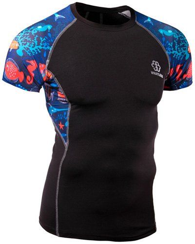 Quick-Dry Sea World Imprimer T-shirt Skinny col rond manches courtes hommes - Noir M