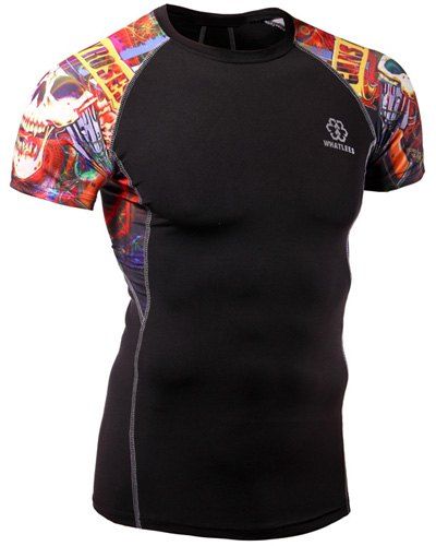 3D Skulls Imprimer T-shirt Skinny Quick-Dry Stripes col rond manches courtes hommes - Noir XL