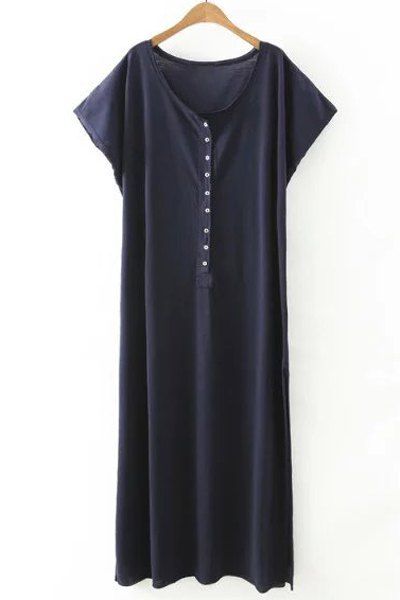 

Casual Women's Scoop Neck High Slit Short Sleeve Dress, Purplish blue