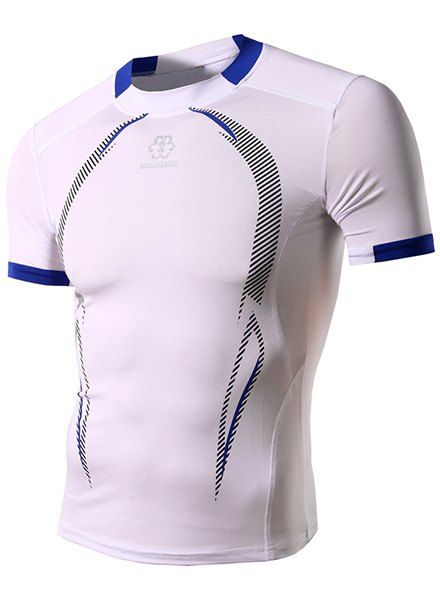 

Color Spliced Stripes Print Round Neck Short Sleeves Men's Sweat Dry Tight T-Shirt, White