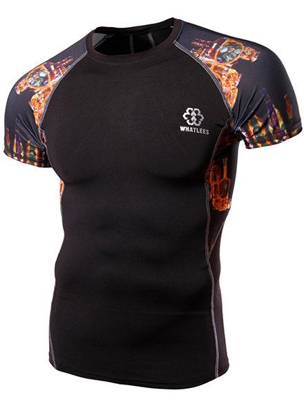 Sweat T-shirt Tight sec de rayures 3D imprimé col rond manches courtes hommes - Noir L