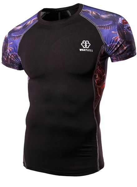 Color Spliced 3D Printed Round Neck Short Sleeves Men's Skinny Quick-Dry T-Shirt - Noir M
