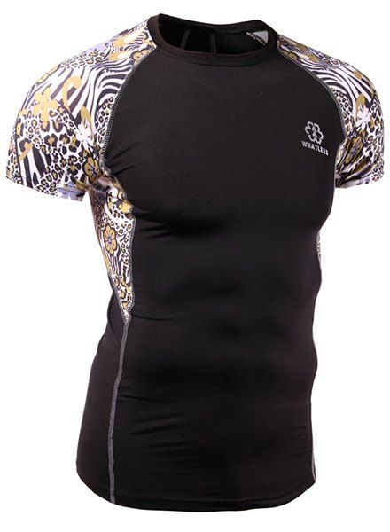 Cyclisme Quick-Dry Skinny imprimé léopard col rond manches courtes T-shirt - Noir M