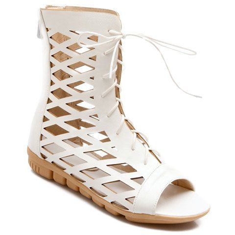 Trendy Hollow Out and Lace-Up Design Women's Sandals - Blanc 36