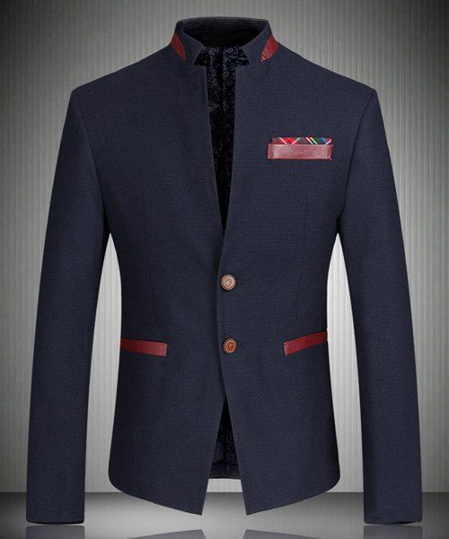 Trendy Stand Collar PU-Leather Splicing Long Sleeve Men's Blazer - Bleu M