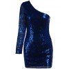 Chic Women's One Shoulder Sequined Long Sleeve Dress - Bleu profond M