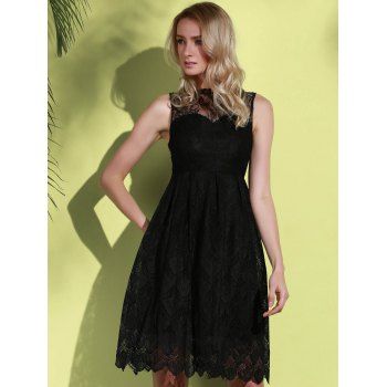 

Stylish Round Neck Sleeveless Hollow Out Solid Color Lace Women' Dress, Black