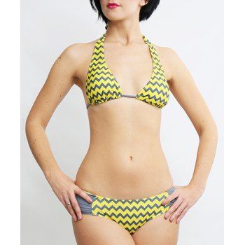 

Sexy Halter Wave Print Lace-Up Women's Bikini Set, Yellow