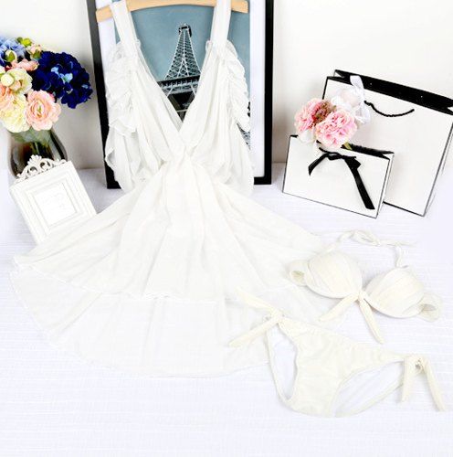 

Sweet Women's Halterneck Candy Color Three Piece Swimsuit, White