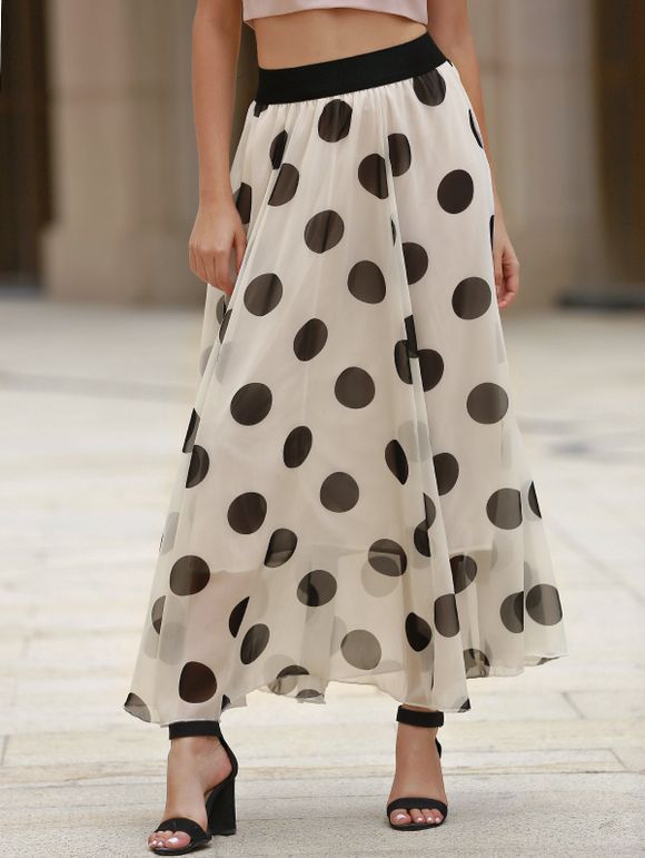 Graceful Polka Dot Chiffon Women's Maxi Skirt - Blanc et Noir S