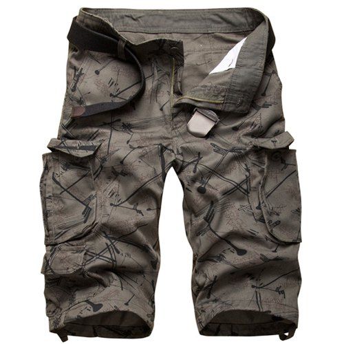 Casual Straight Leg Camo Imprimer Zipper Fly Shorts d'homme multi-poches - Vert Armée 32