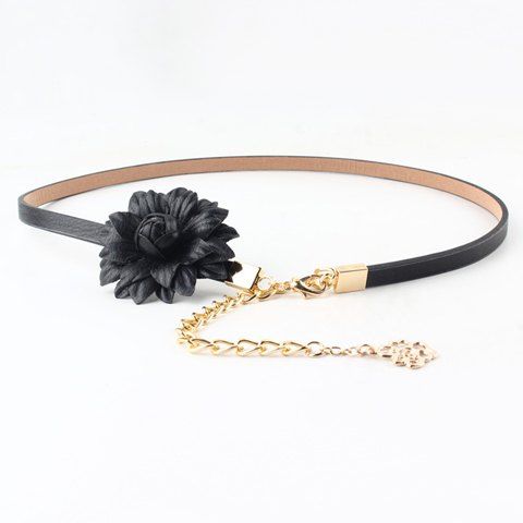 Chic Chain Pendant and Flower Embellished Women's PU Slender Belt - Noir 