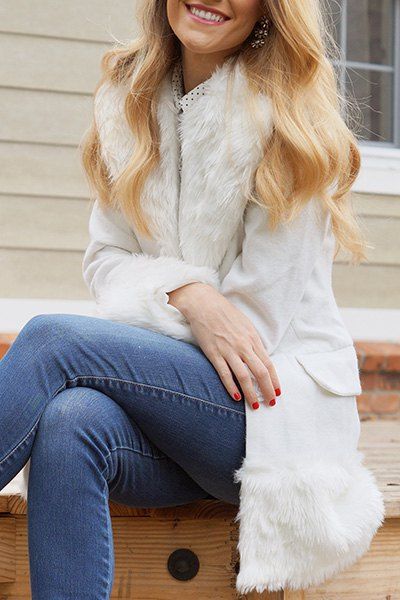 Elegant Turn-Down Collar Long Sleeve Fake Fur Embellished White Coat For Women - WHITE M