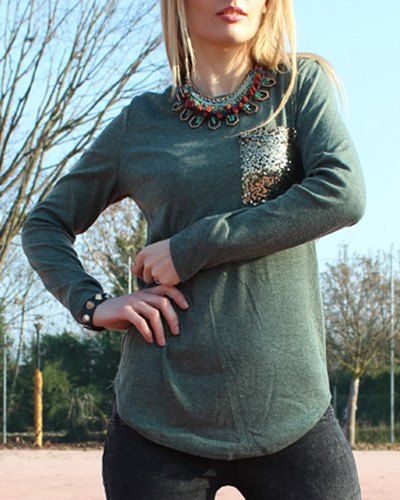 T-Shirt Chic Pailletée à Encolure Dégagée à Manches Longues Pour Femme - vert foncé S