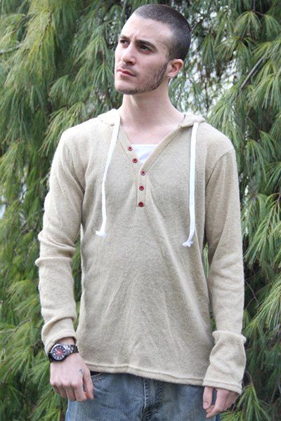 

Single-Breasted Drawstring Hooded Solid Color Slimming Long Sleeves Men's Thicken Sweater, Beige