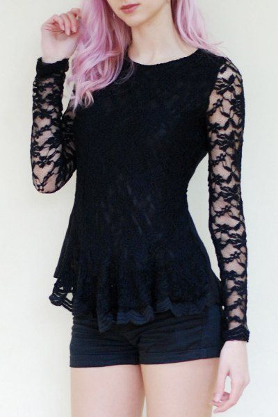 

Women's Glamour Scoop Neck Ruffle Lace Splicing Blouse, Black