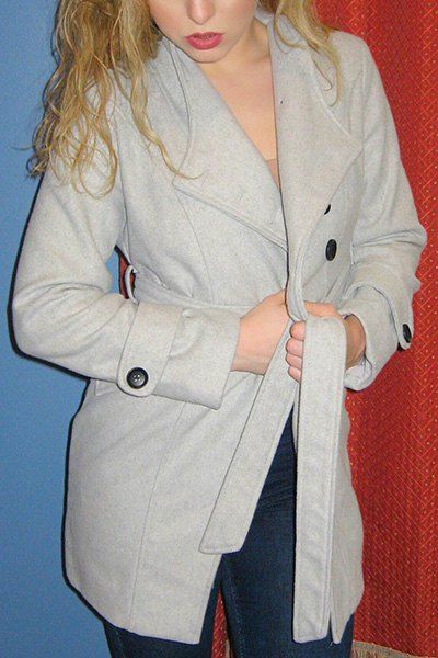 Elegant Candy Color Stand Collar Belt Design Long Sleeve Coat For Women - GRAY M