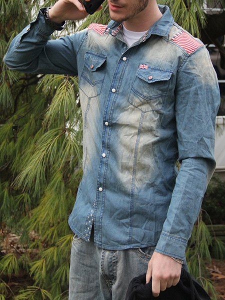 Bleach Laver TURN-Col Etoiles Imprimer Denim shirt manches longues à rayures Splicing Hommes - Bleu clair L
