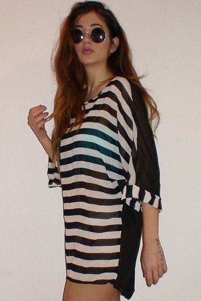 2018 Striped Tunic Dress Beach Cover Up With Sleeves STRIPE ONE SIZE In ...