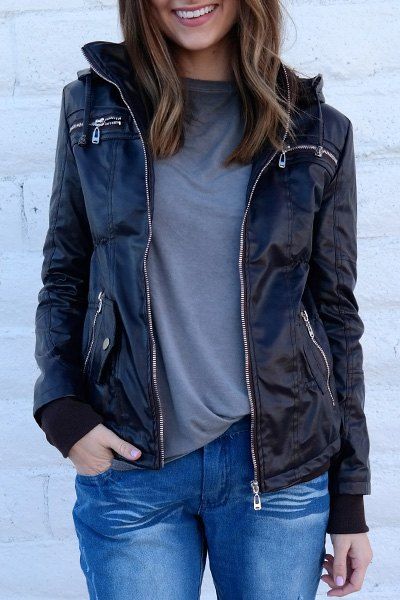 Chic Solid Color capuche amovible manches faux cuir veste pour femme - café M
