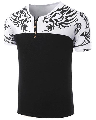 Trendy V-Neck Printed Splicing Short Sleeve Men's T-Shirt - Blanc 3XL